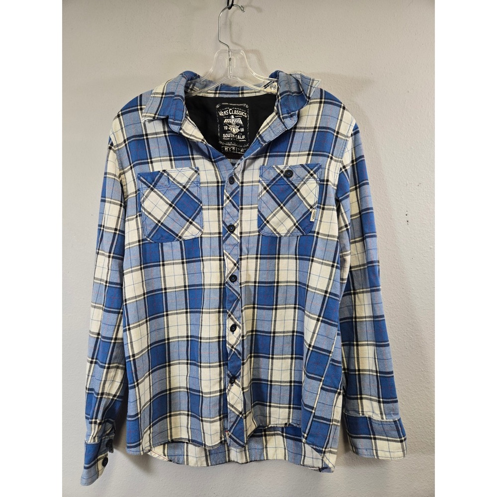 Vans Plaid Skate Streetwear Blue White Button Down Flannel Shirt Medium
